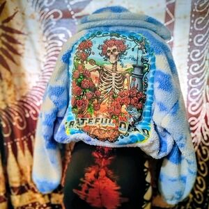 Grateful Dead Fleece Jacket with Skeleton and Roses (Handsewn Back And Pocket)